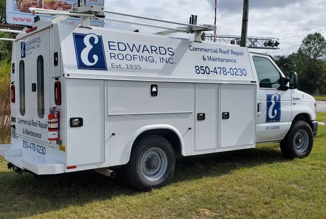 Edwards roofing branded vehicle