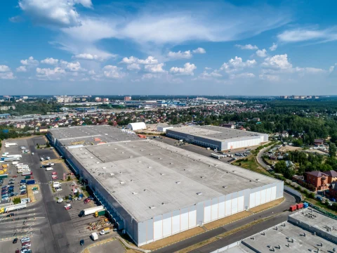 Industrial building overview drone video